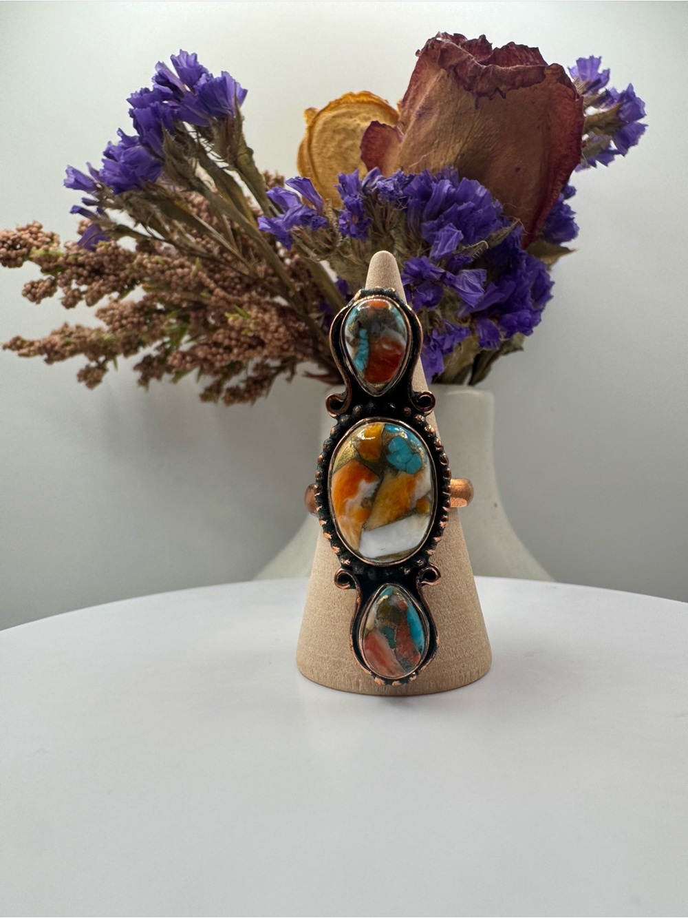 Triple Stone Spiny Oyster & Turquoise Copper Ring (Adjustable)